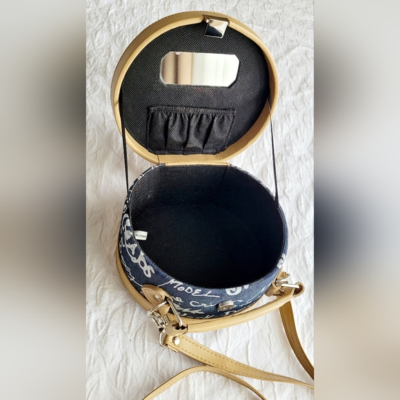 Small Canvas Circle Purse handbag Crossbody Purse With Mirror Blue Beige - Picture 5 of 9